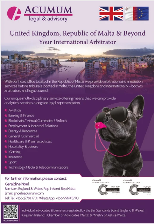 Acumum arbitration advert — "United Kingdom, Republic of Malta & Beyond: Your International Arbitrator," with UK and Malta flags and a dog in sunglasses